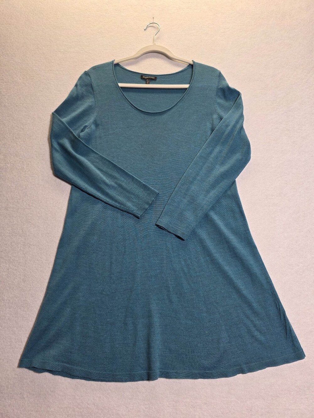 EILEEN FISHER 100% MERINO WOOL TEAL A-LINE TUNIC SWEATER SIZE M